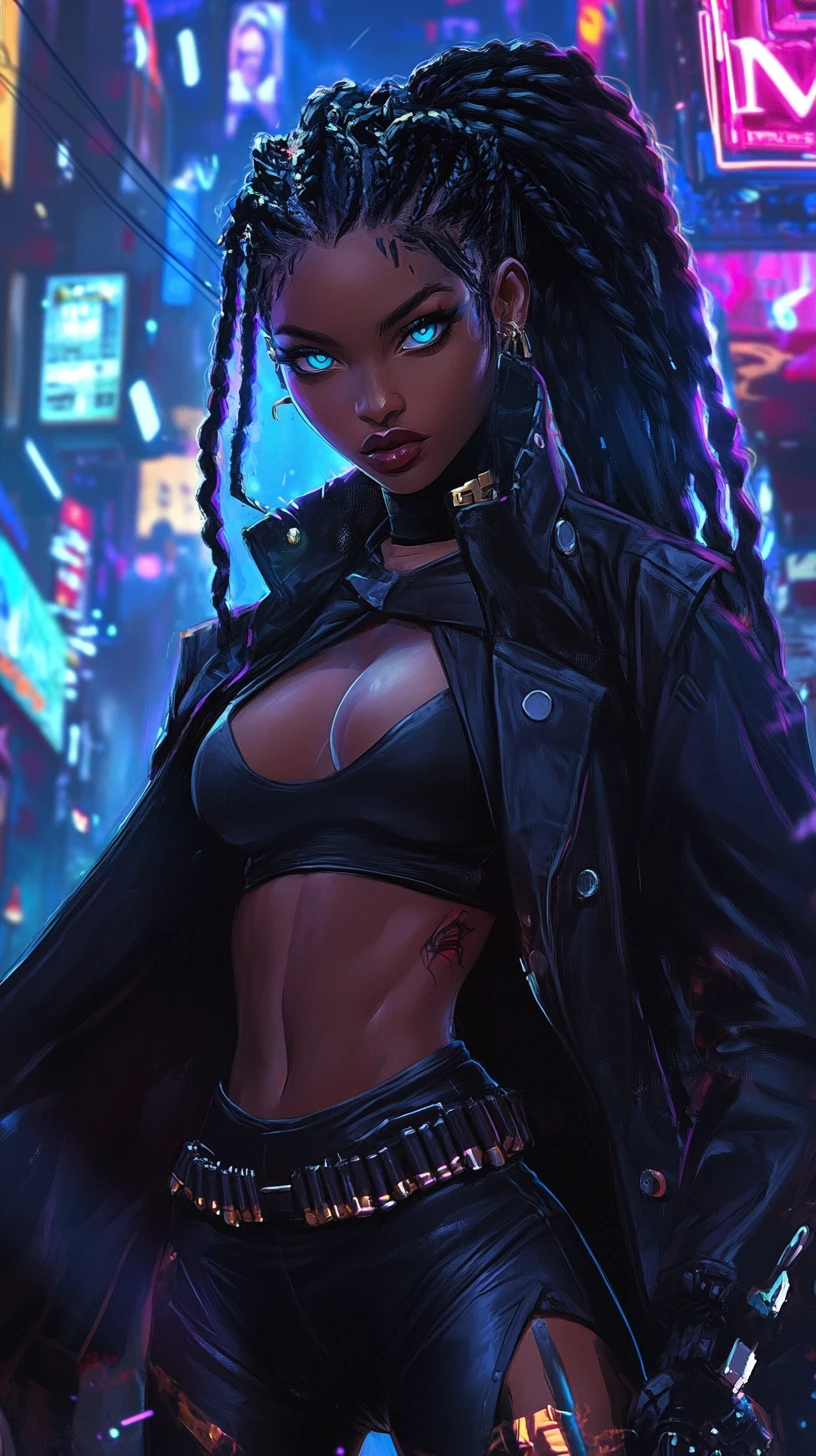Strong anime heroine in sleek black steampunk costume