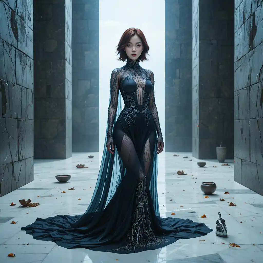 Focused Korean woman in iridescent cybernetic couture interior