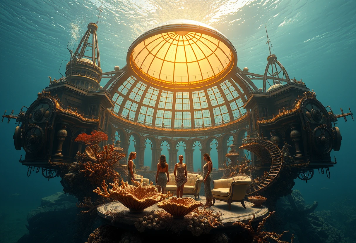 Cidade submarina steampunk com pavilhão em cúpula brilhante