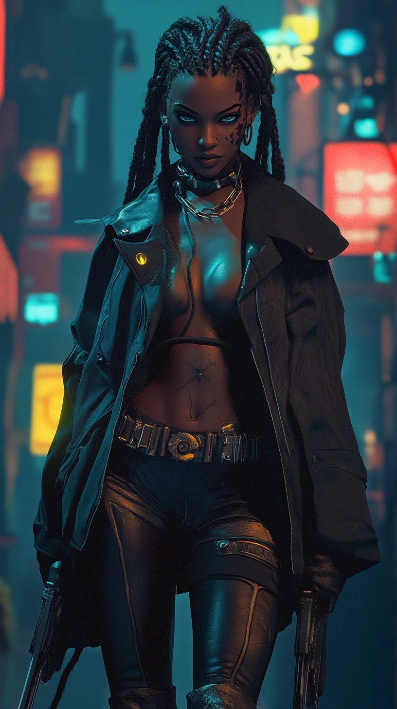 Confident black heroine in anime steampunk warrior style