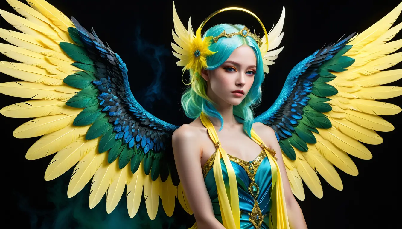Ethereal angel woman in blue and yellow full body portrait