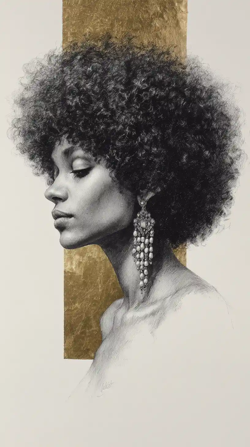 Graphite profile portrait of a young woman with afro hair