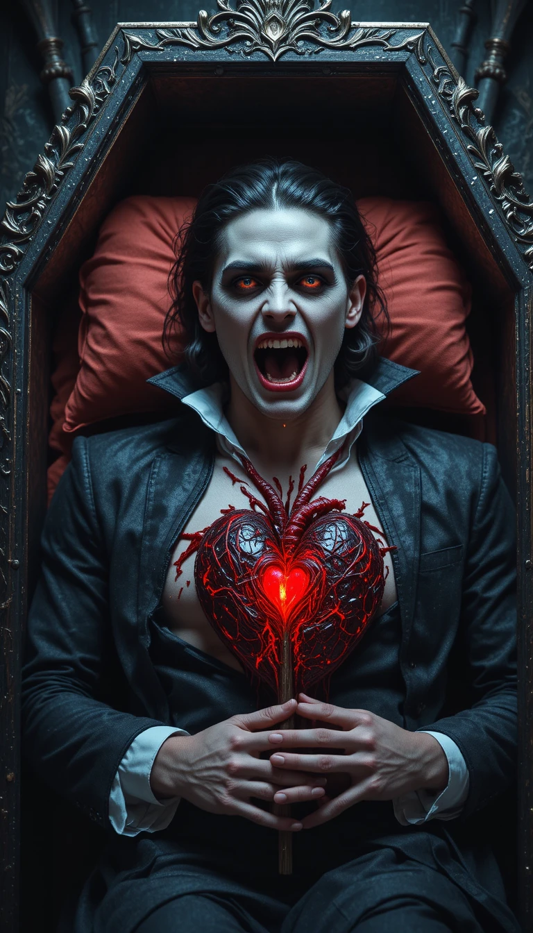 Prince vampire s’éveillant dans un cercueil métallique détaillé