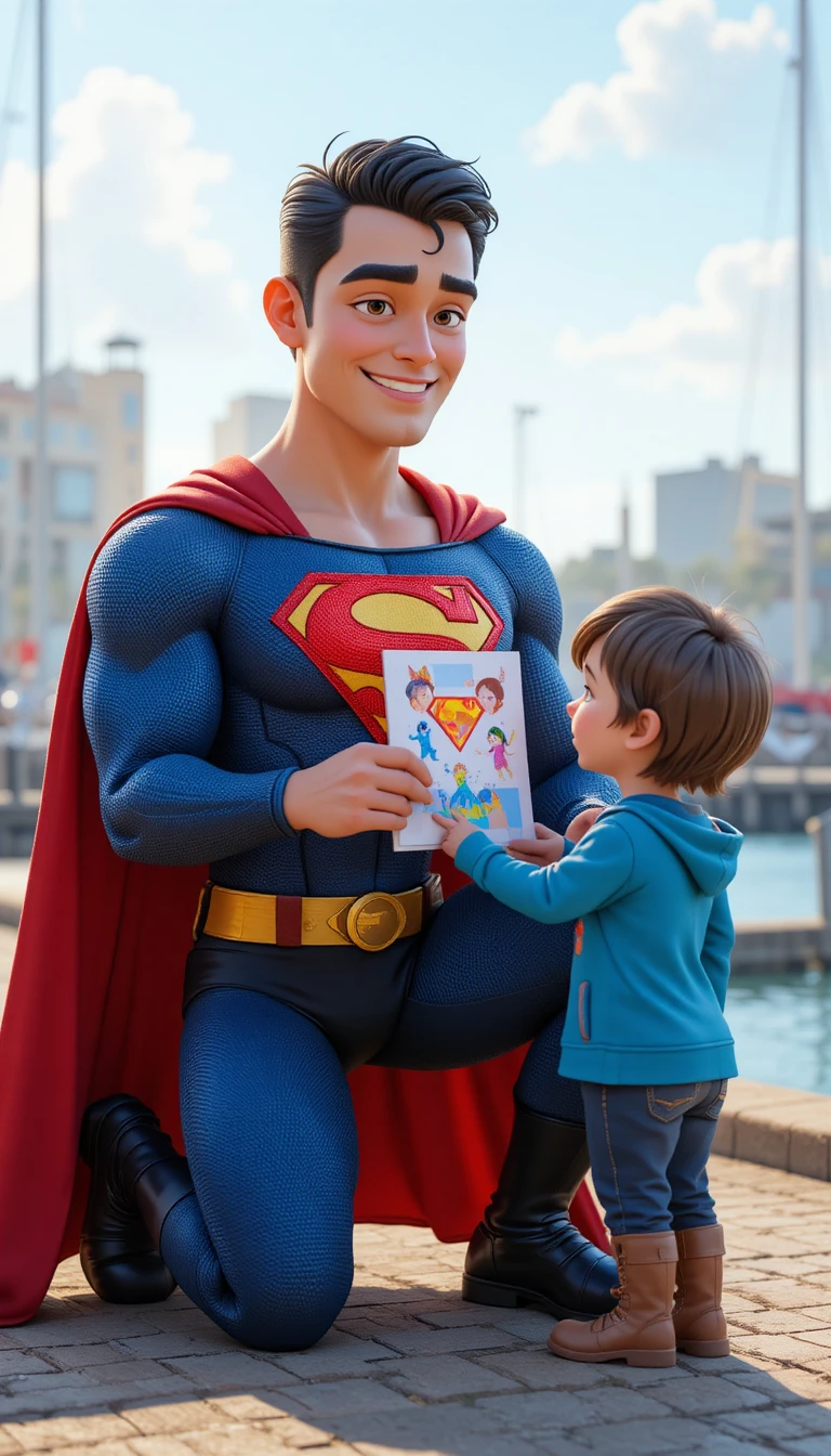 Super-herói ajoelhado para receber o desenho colorido de uma criança