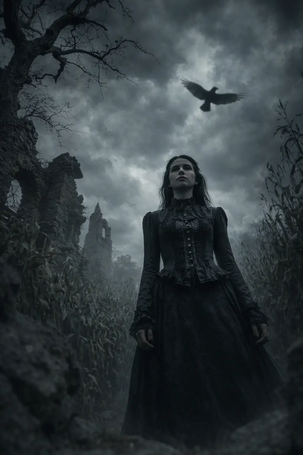 Femme gothique debout dans un champ de maïs envahi sous des nuages d’orage