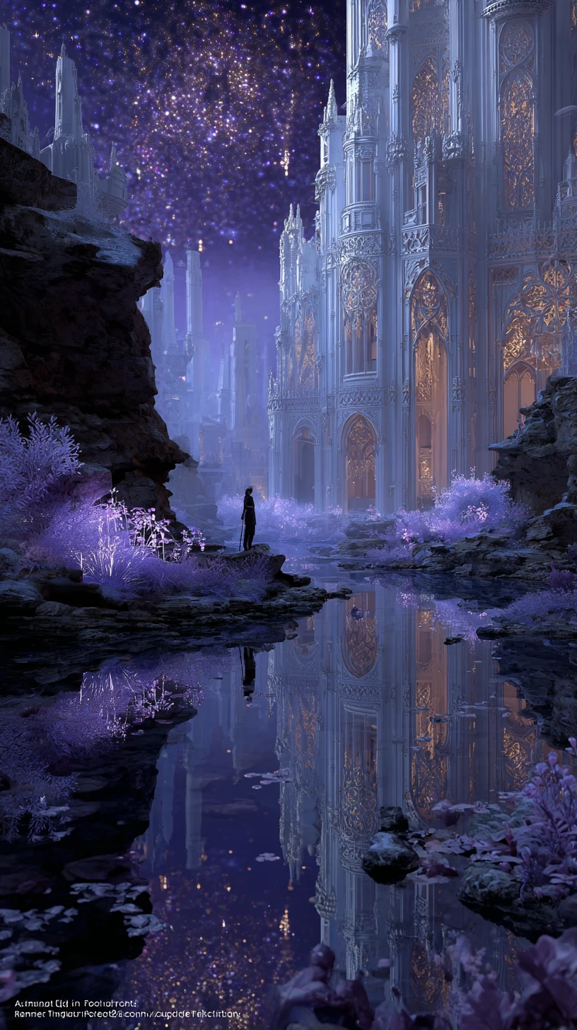 Elf an einem Spiegelsee vor einer schwebenden Kathedrale