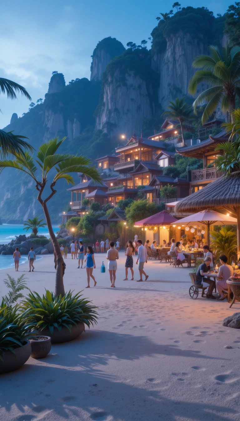 Joyful neon cartoon beach party by a cozy village garden