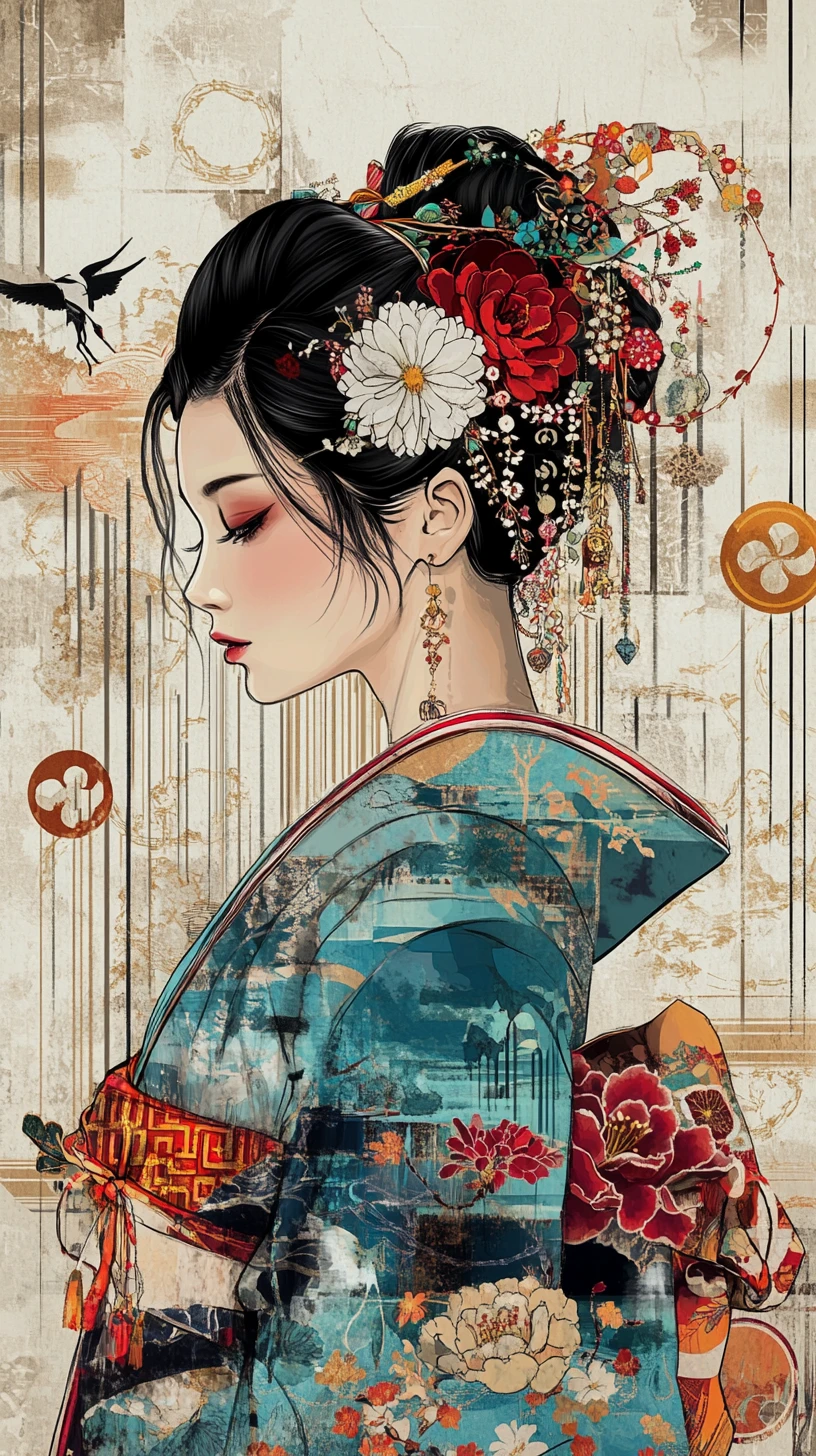 Elegante ostasiatische Frau im aufwendig verzierten Blumen-Kimono-Porträt