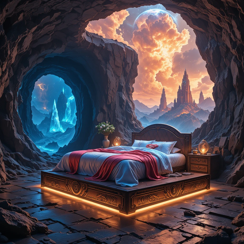 Camera di pietra incantata con letto da supereroe luminoso