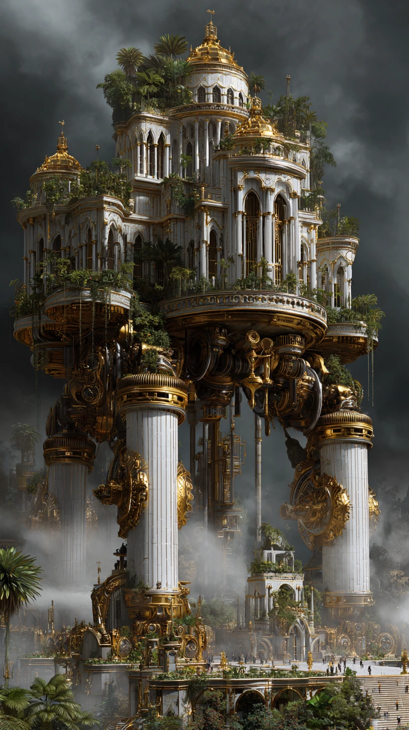 Majestic golden cathedral city walking on mechanical legs