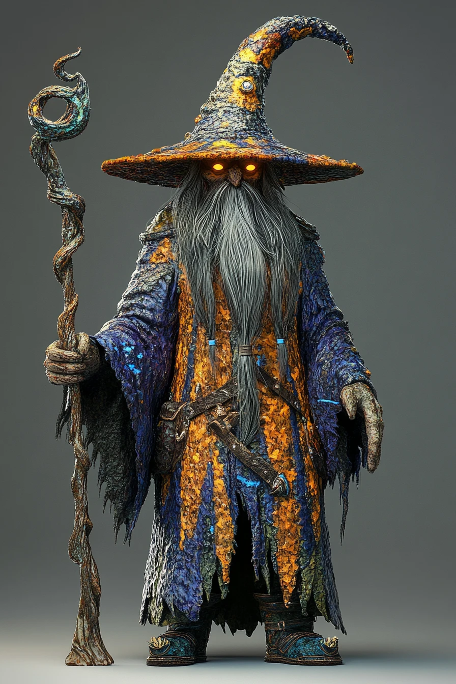 Mago 3D sinistro com cajado em fundo cinza