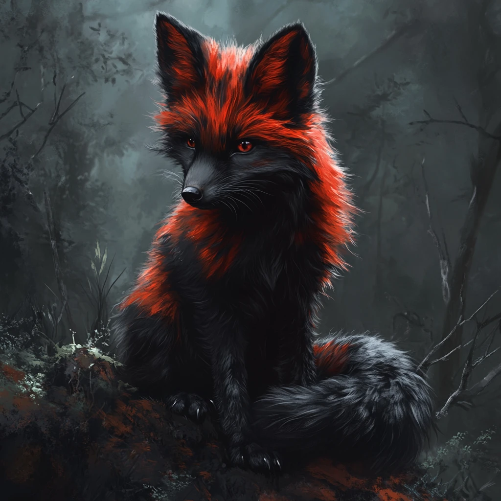 Renard gothique noir et rouge en illustration numérique romantique