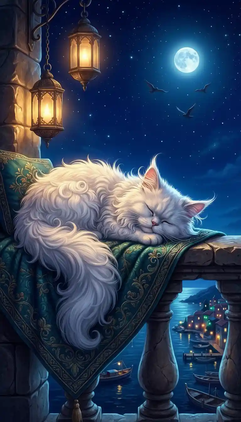 Chat blanc somnolent sur un balcon sous un ciel nocturne éclairé par la lune
