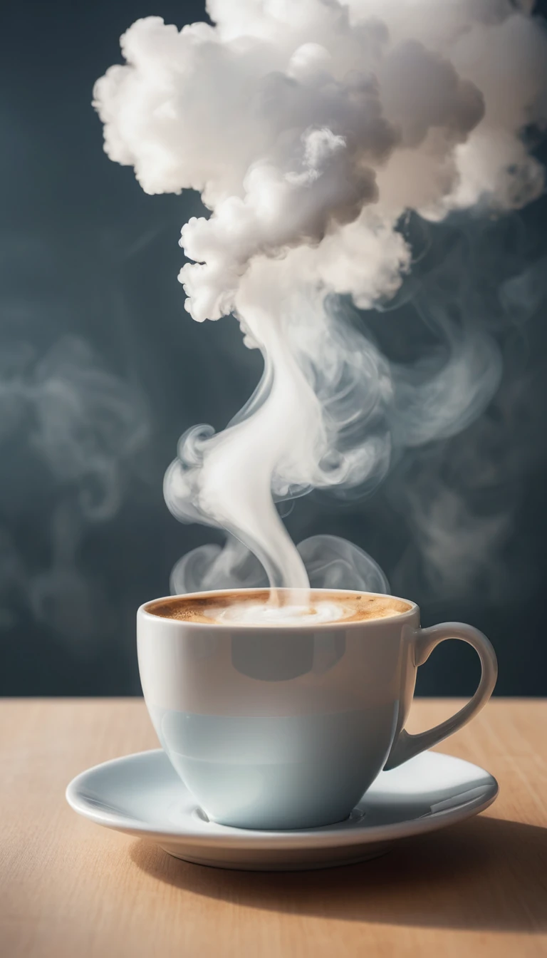 Tasse de café fumante formant un doux nuage dans la lumière du matin