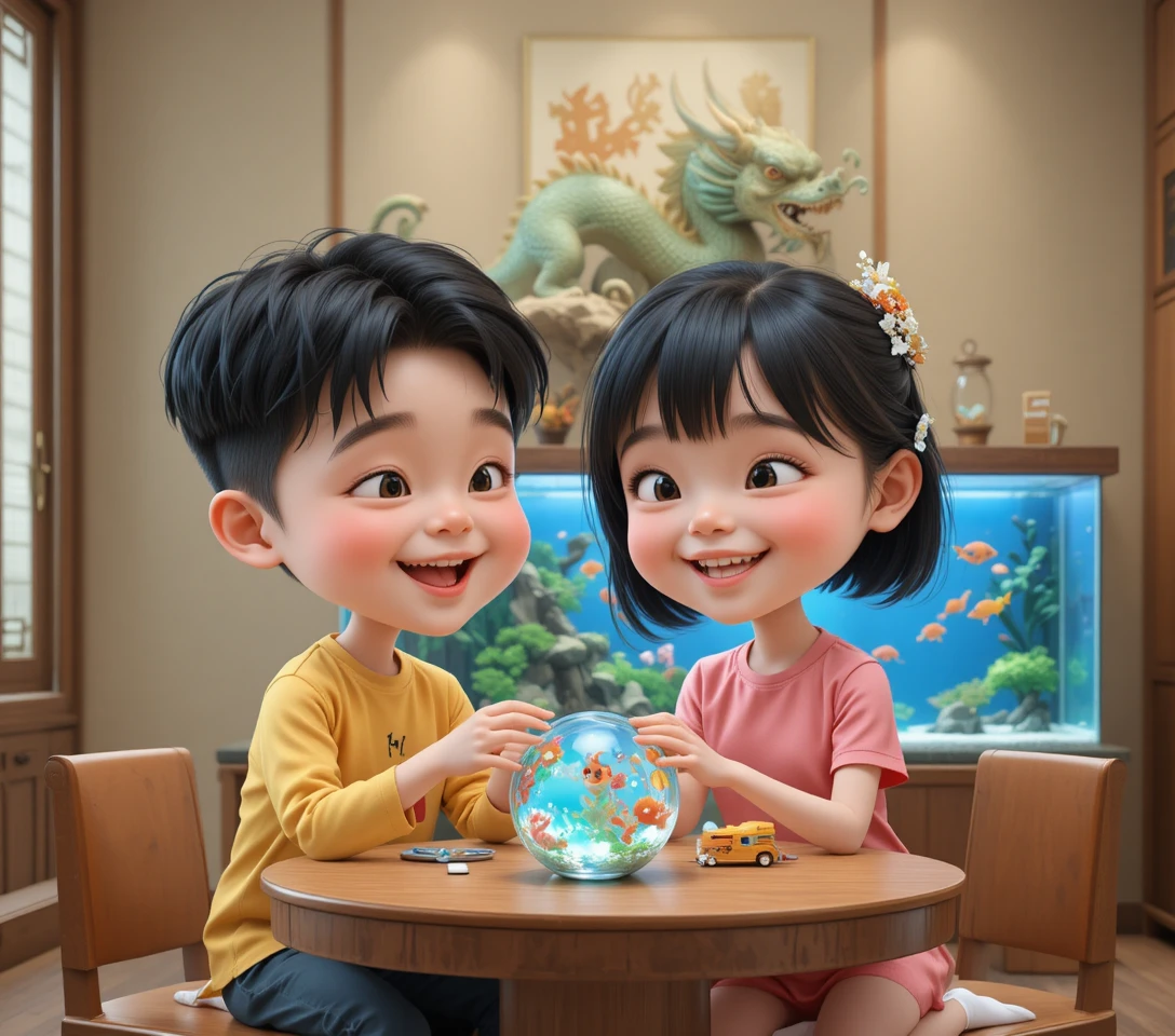 Enfants asiatiques souriants jouant avec des jouets à une table en bois