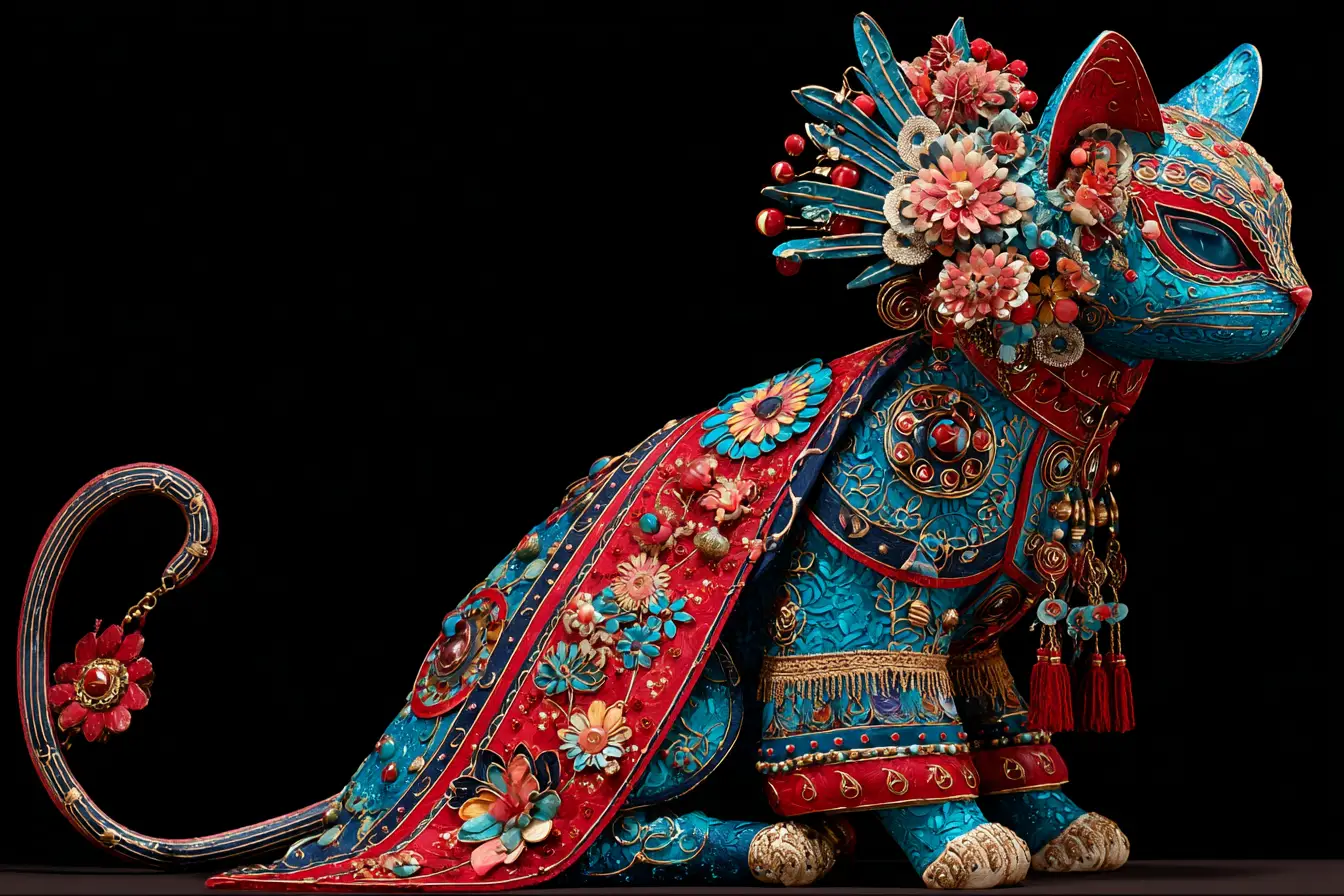 Oriental cat in ornate Chinese imperial puppet costume