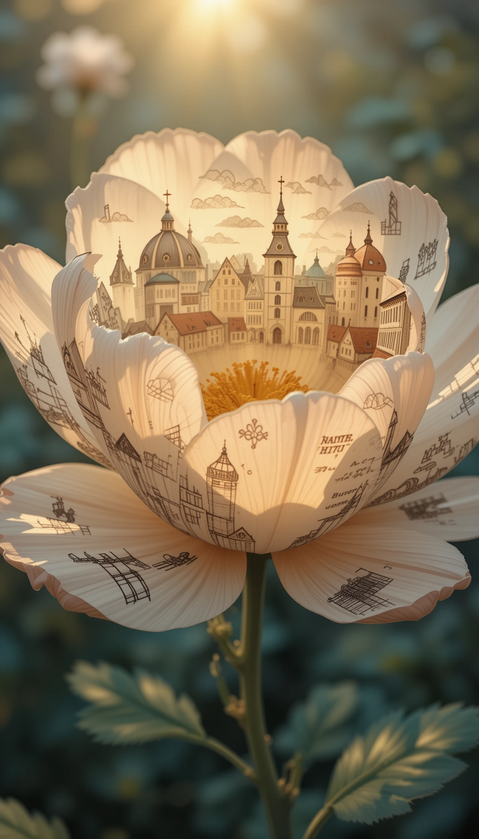 Blooming flower adorned with delicate vintage city sketches