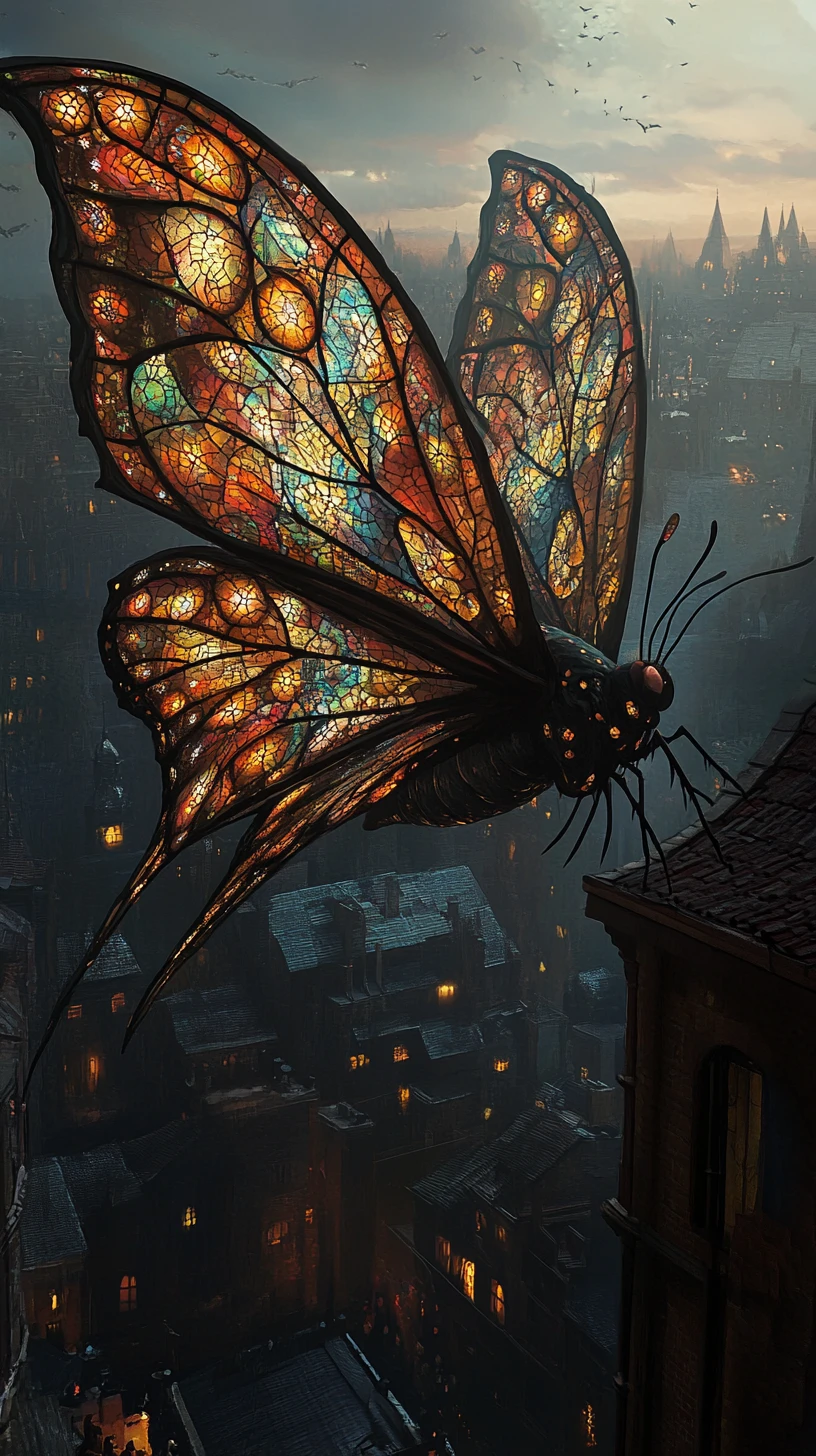 Mariposa gigante de fantasia lançando luz estampada sobre telhados