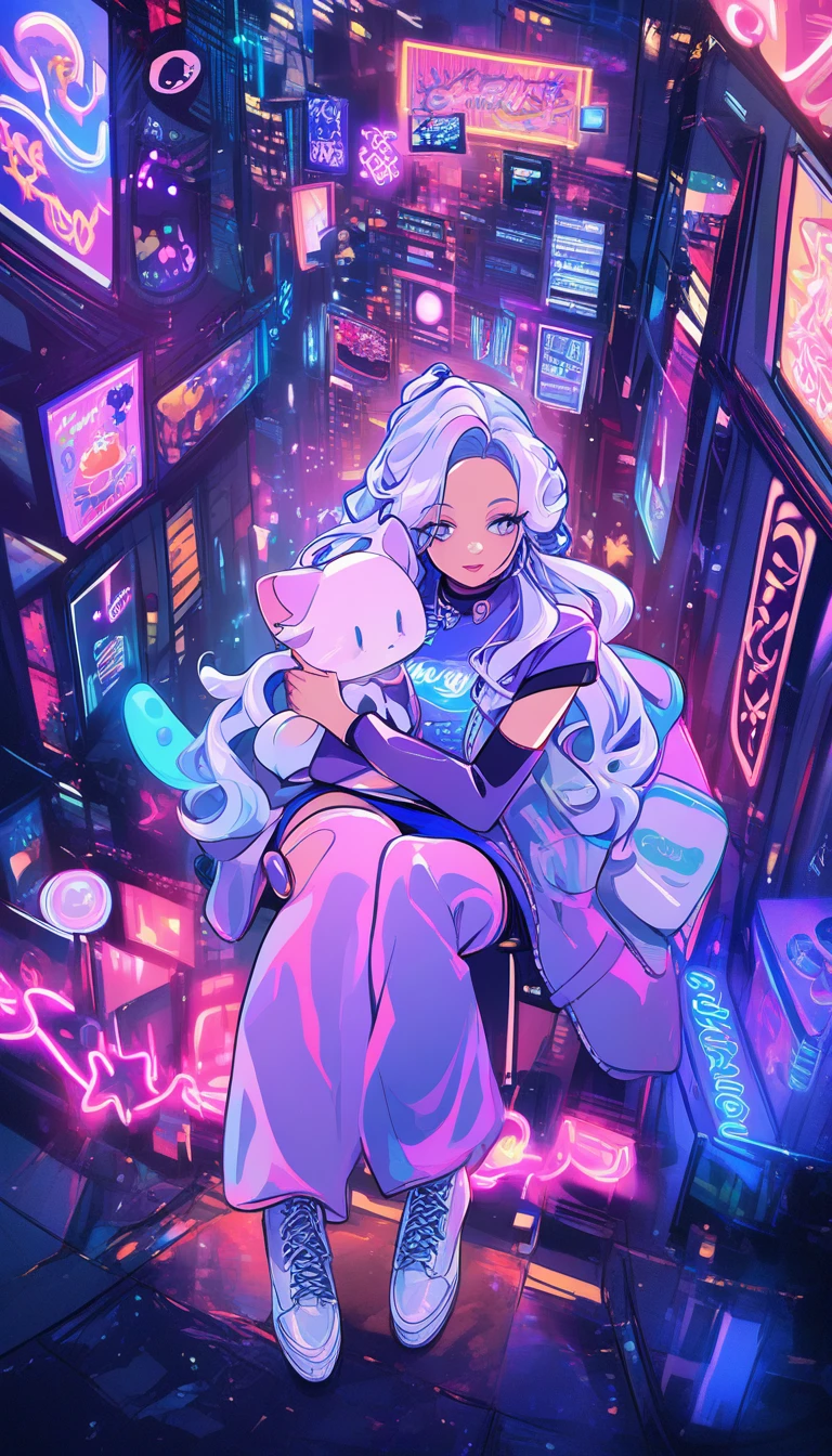 Garota de anime com gatinho em cena urbana neon