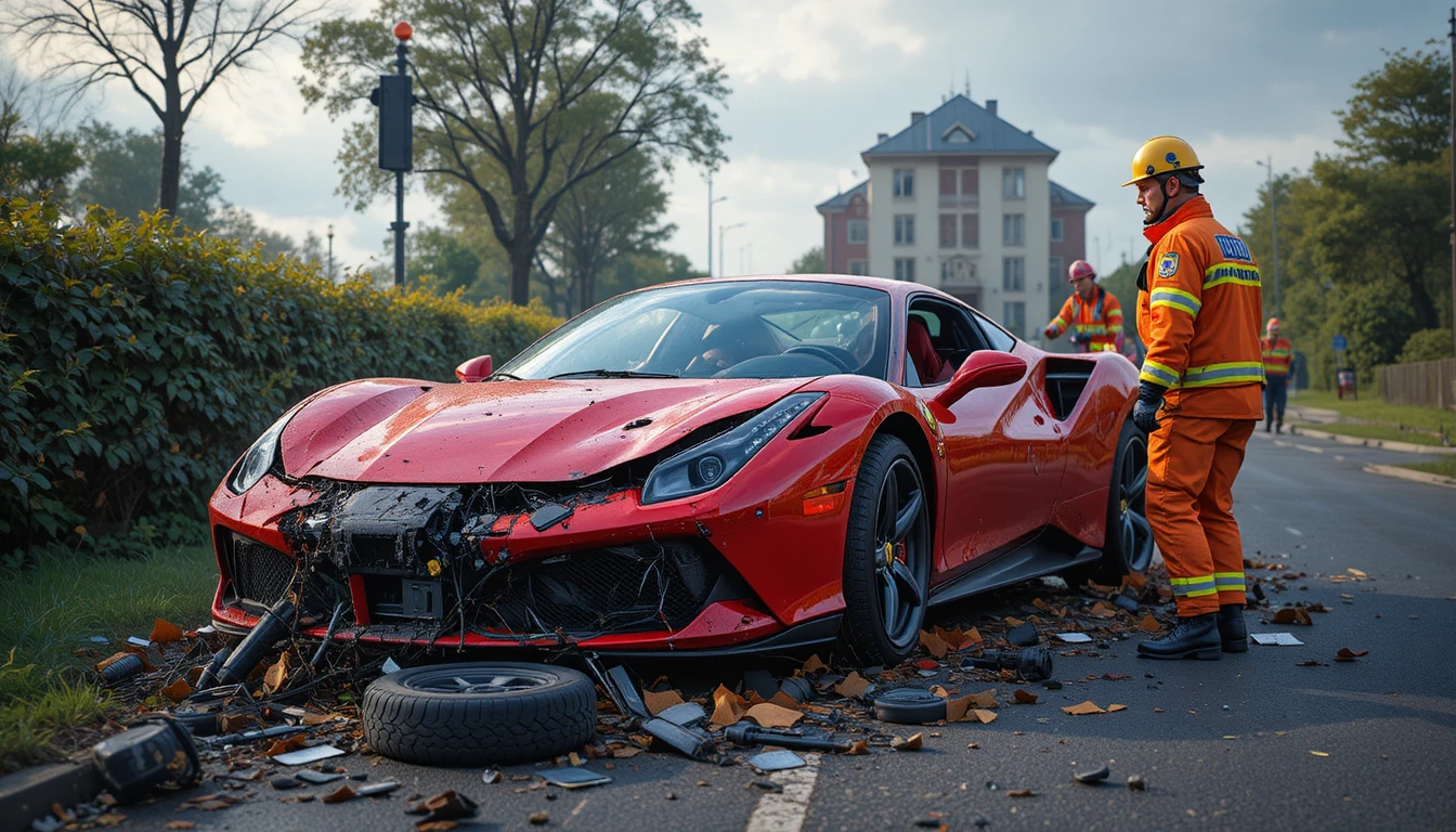 Red sports car crash with firefighter at roadside scene
