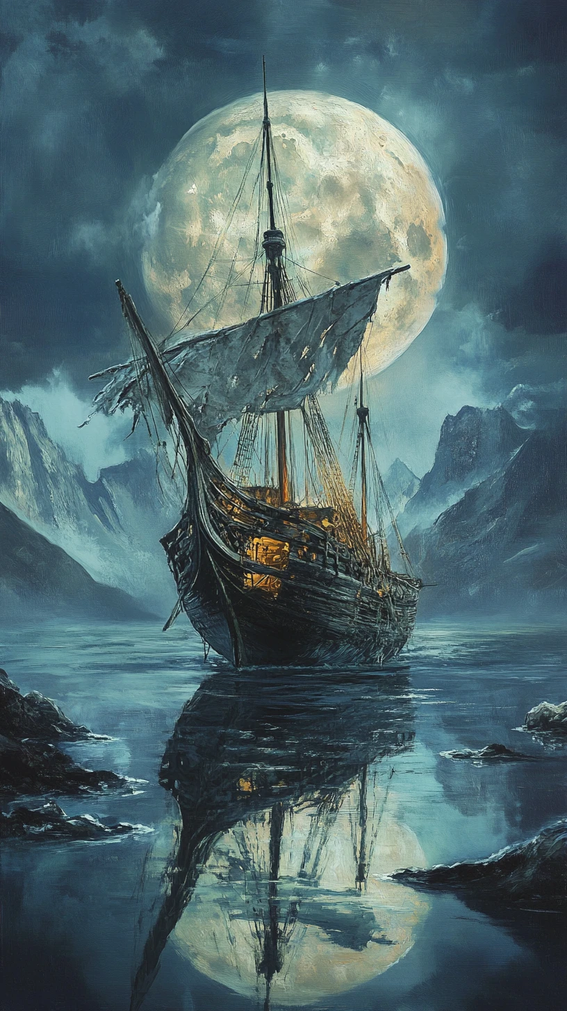 Ghost ship on a stormy lake beneath a glowing moon
