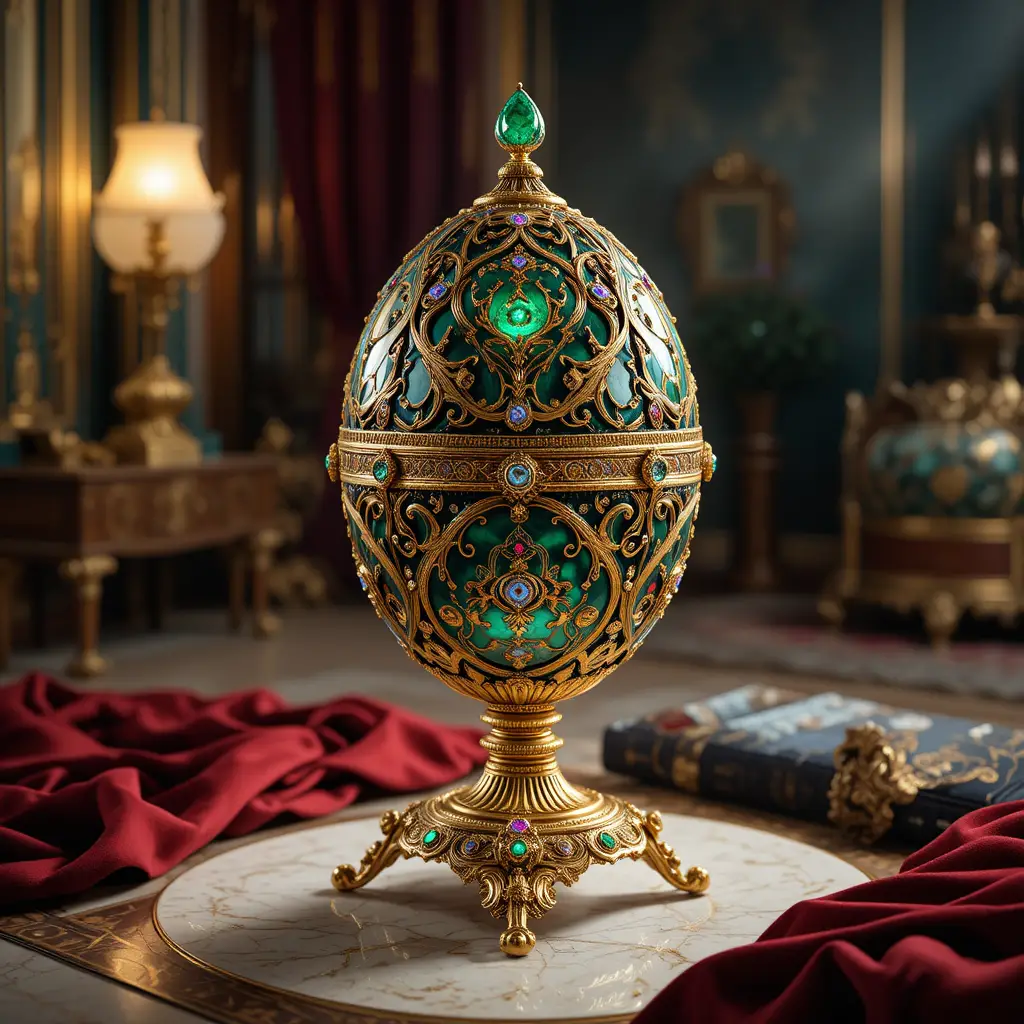 Magnifico uovo in stile Fabergé tempestato di gioielli su sontuoso piedistallo dorato