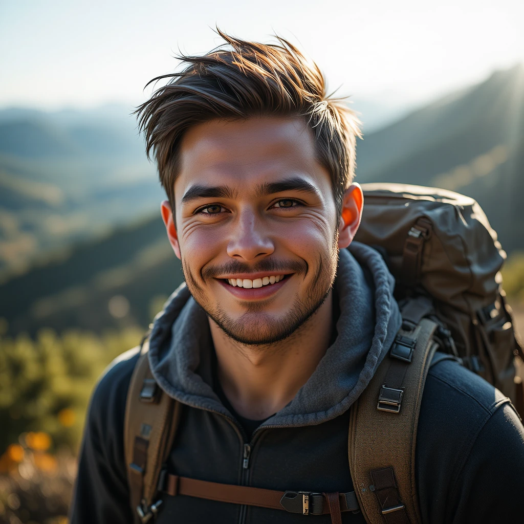 Jovem sorrindo em uma trilha cênica na montanha