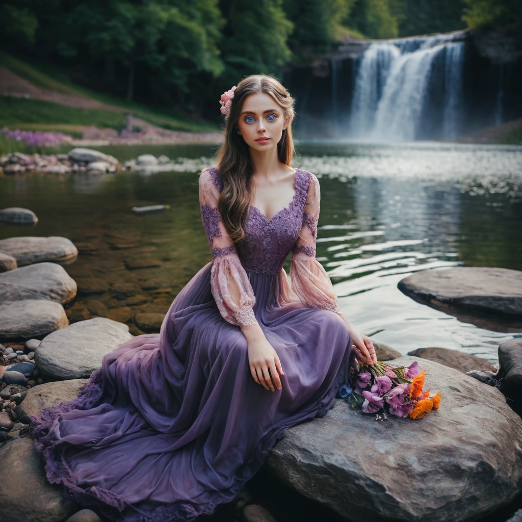 Mulher de vestido de renda à beira de um lago na montanha ao entardecer