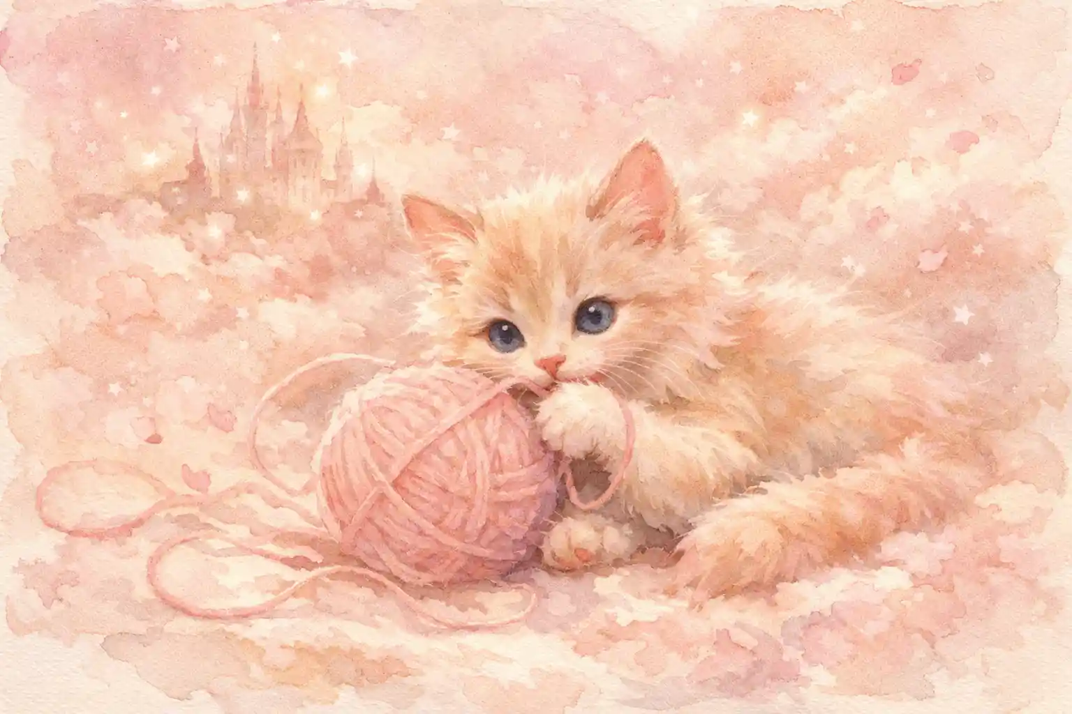 Playful watercolor kitten tangled with soft pastel yarn