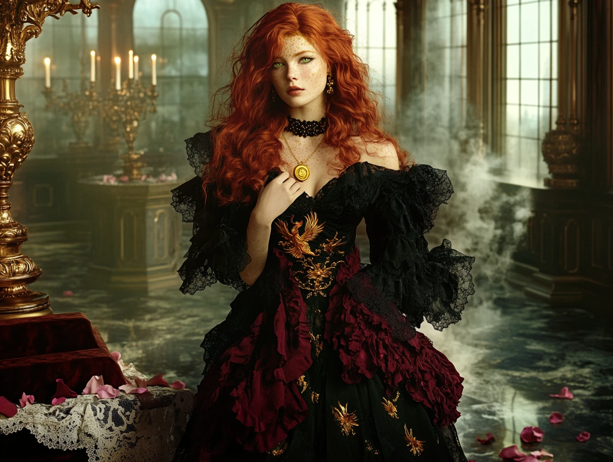 Mulher ruiva em uma câmara escura e luxuosa à luz de velas