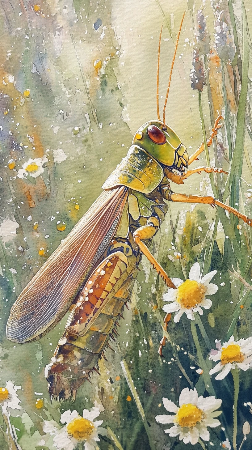 Saltamontes en primer plano en acuarela en un prado florido de ensueño