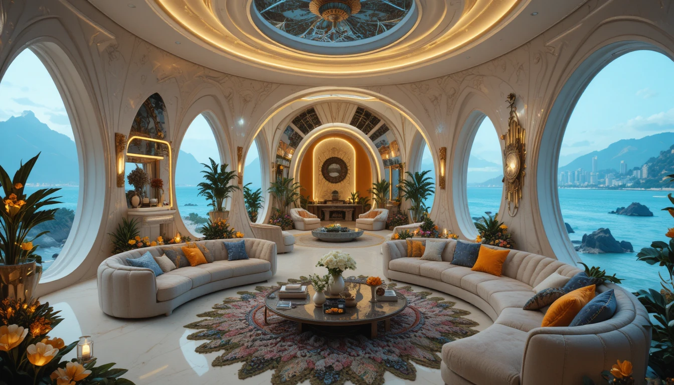 Maison organique futuriste au bord de l’océan avec jardin paradisiaque
