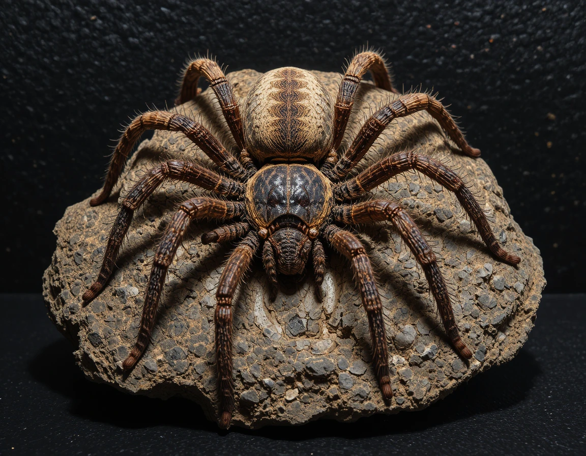 Fotografía macro de una tarántula sobre roca con detalle de fósil