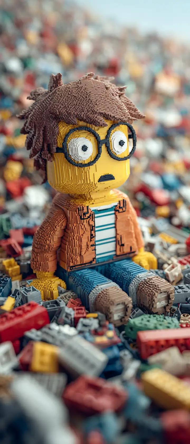 Anime-Kind mit riesiger Lego-Figur auf endlosen Legosteinen