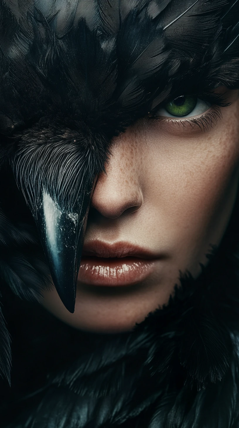 Surreal woman merging with raven in gothic close up portrait