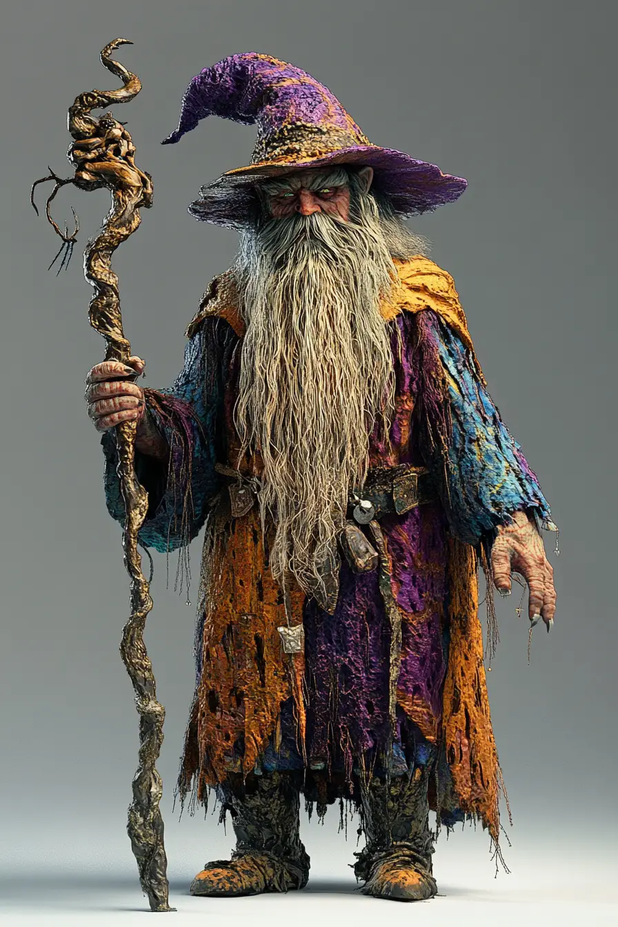 灰色背景上的詭異3D魔法師與法杖
