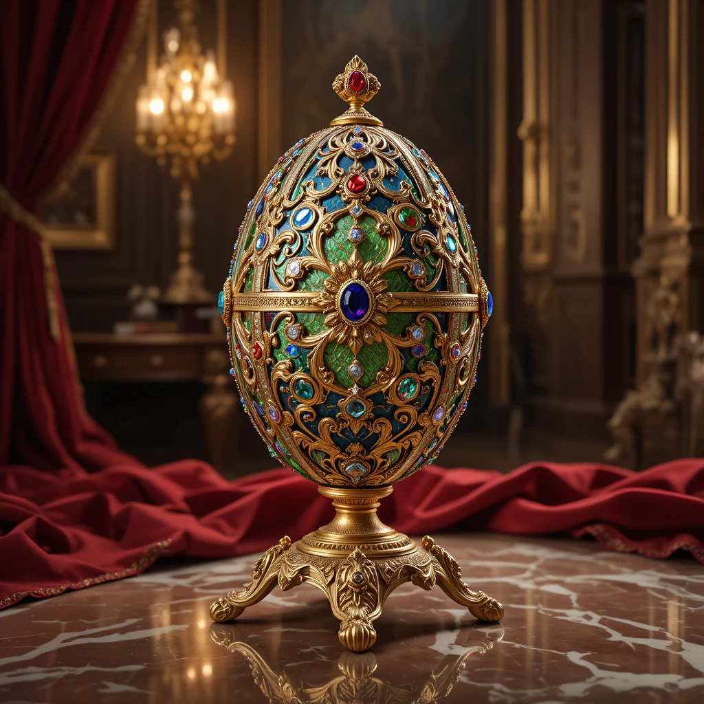 Lussuoso uovo in stile Fabergé su piedistallo dorato ornato