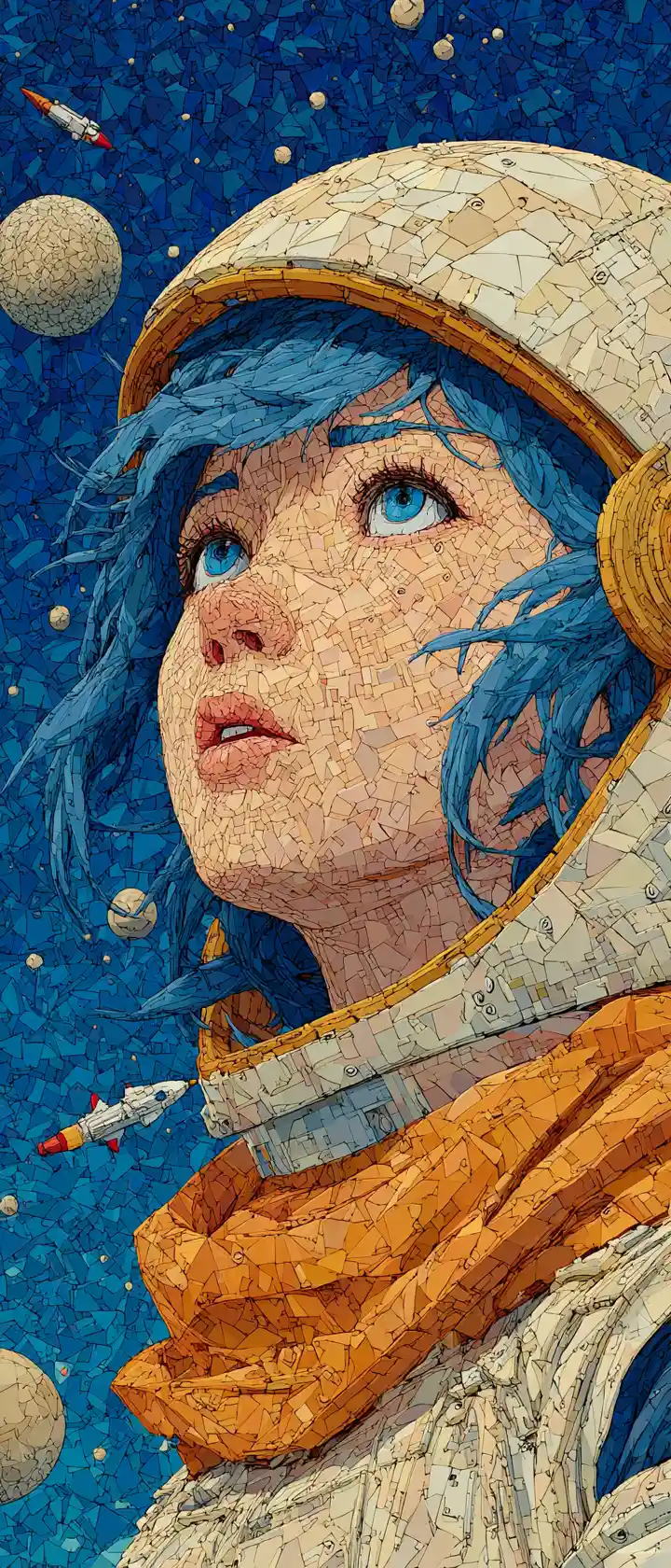 Anime-Astronautin schwebt zwischen surrealen Lego-Planeten