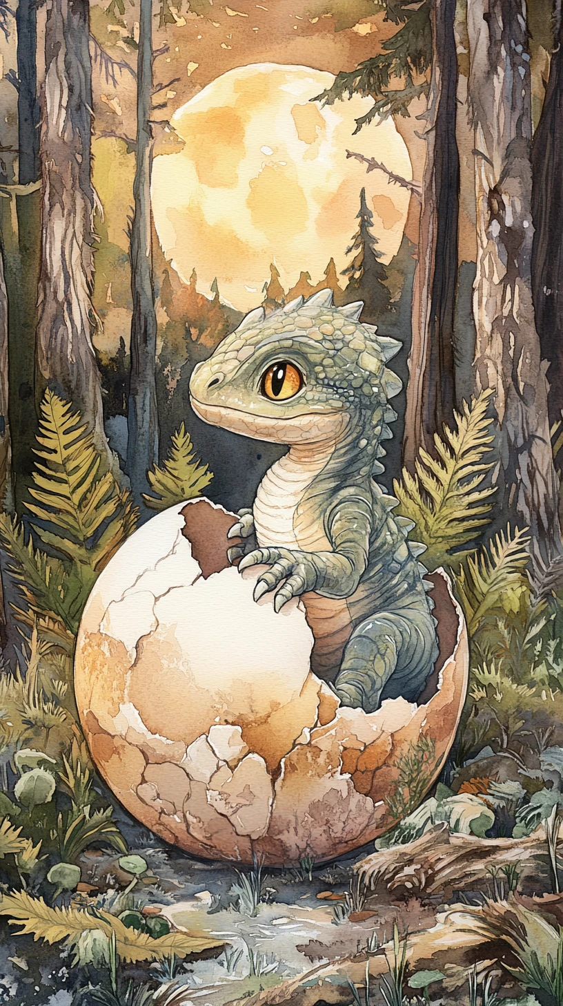 Bébé dragon dans une coquille d’œuf sous une forêt préhistorique au clair de lune