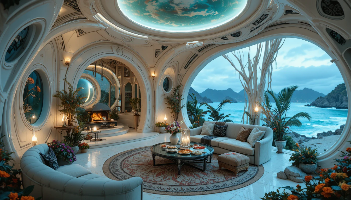 Maison organique futuriste au bord de l’océan sous un ciel étoilé