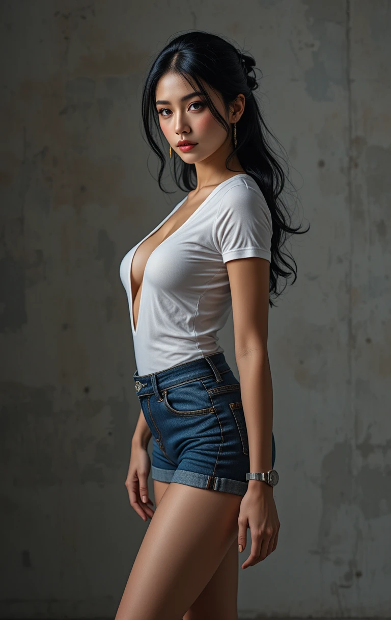 濡れた白いTシャツのアジア人女性の官能的なスタジオポートレート