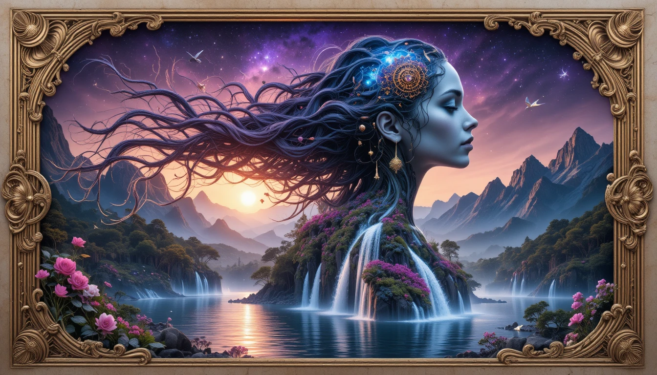 Surreal cyborg woman in a purple galaxy portrait