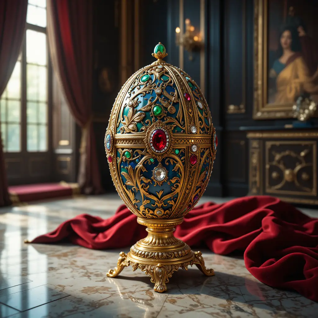 Lussuoso uovo in stile Fabergé su sontuoso piedistallo dorato