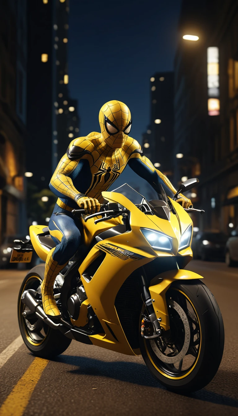 Super-herói amarelo em uma supermoto correndo pela cidade à noite
