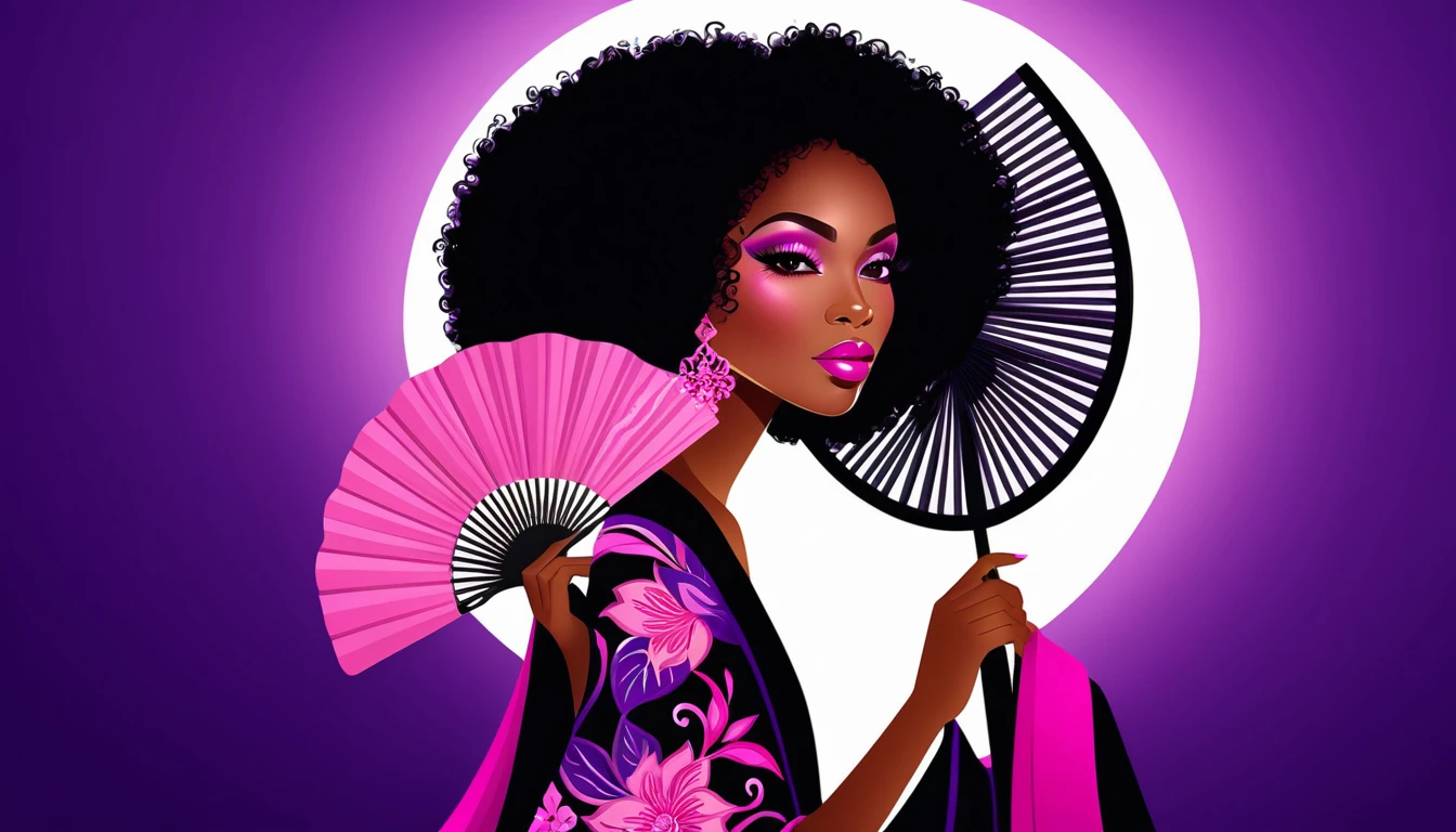 Mulher elegante com leque floral em robe roxo e rosa