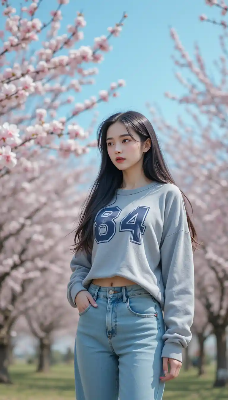 Fille coréenne dans un parc de cerisiers en fleurs portant un sweat gris casual