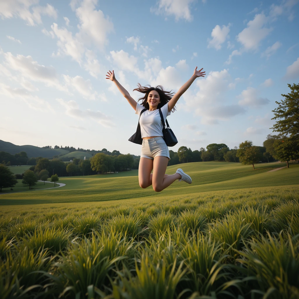 Young woman jumping joyfully in a sunny green park