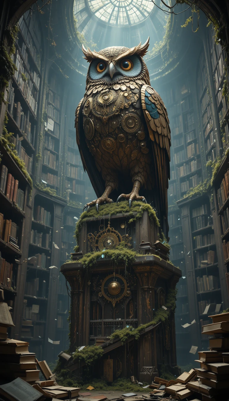 Coruja mecânica antiga sobre uma biblioteca musgosa em decadência