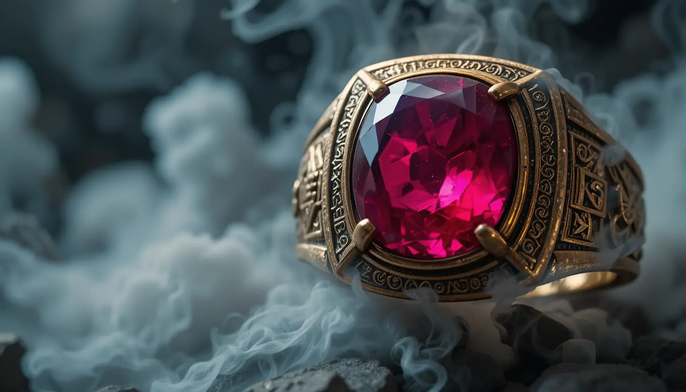 Makro-Nahaufnahme eines goldenen Rings mit leuchtendem Rubin