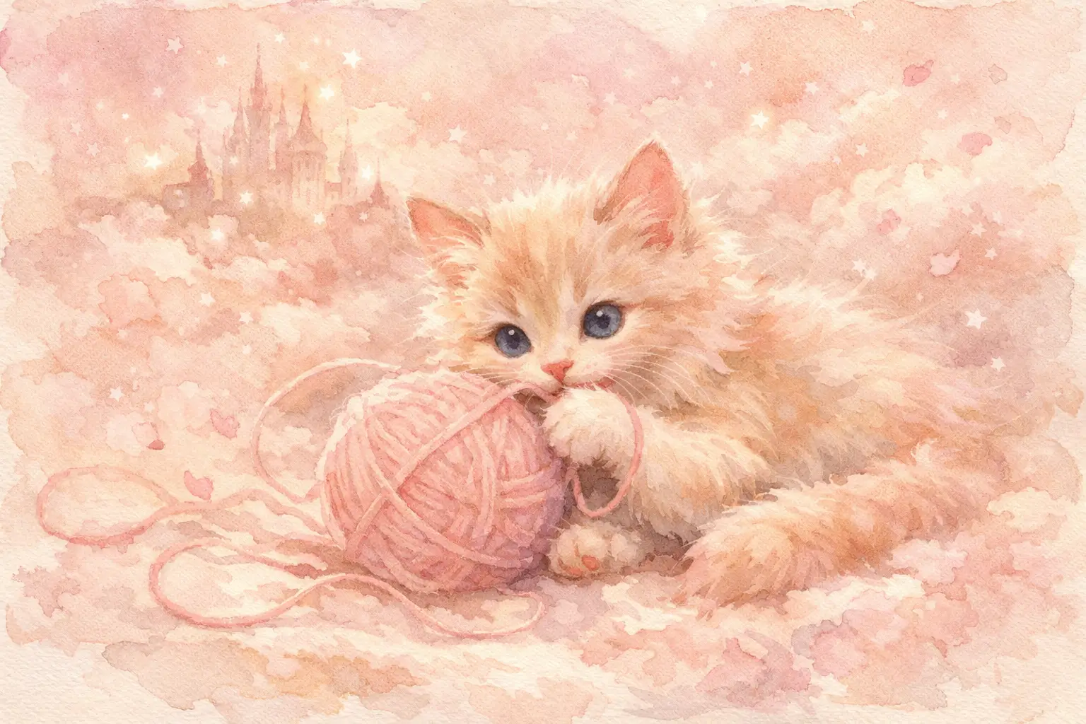 Playful watercolor kitten tangled with soft pastel yarn